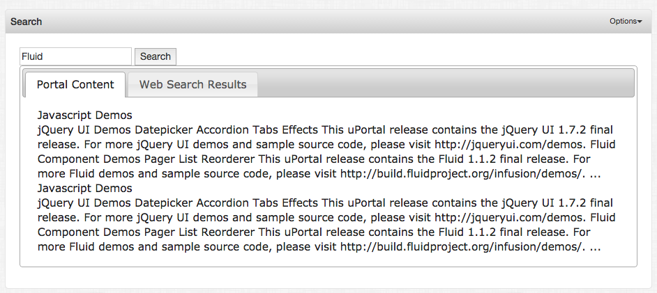 Example of searching for Fluid and matching on JavaScript demos managed content