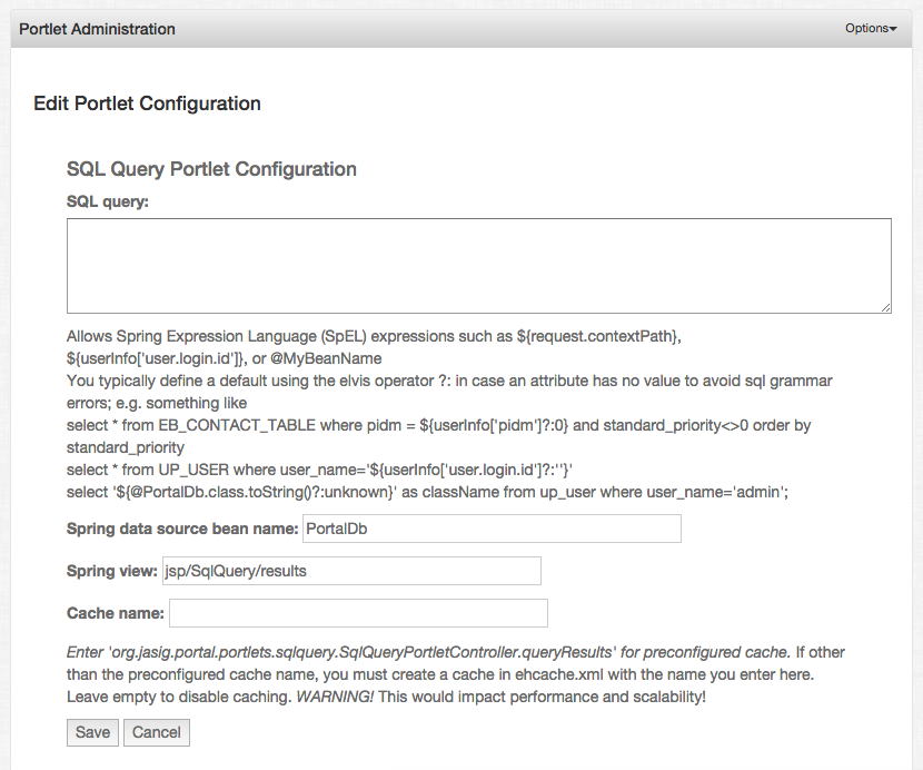 SQL query portlet rich configuration