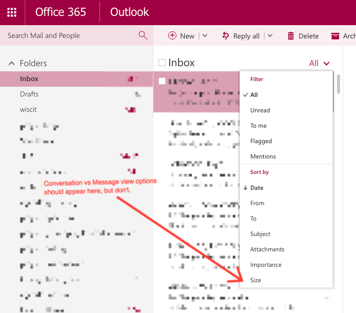 Office365 glitch switching between Conversation and Messages view